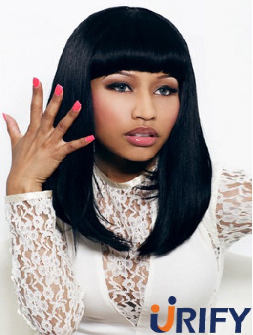 16 Zoll schwarz gerade mit Pony schulterlang bequeme Nicki Minaj Perücken