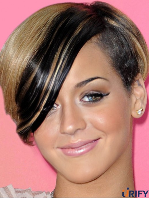 Ombre / 2 Tone Straight With Bangs 100% handgebundene 8 Zoll billige  Perücken