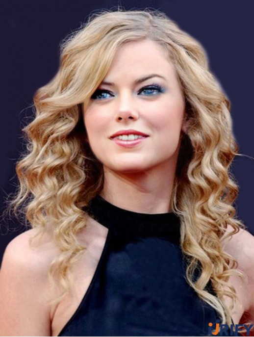 Capless ohne Pony Curly lange blonde blonde unkomplizierte  Perücken