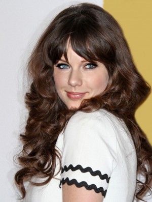 Perfekte braune lange lockige 23 Zoll mit Pony Zooey Deschanel Perücken
