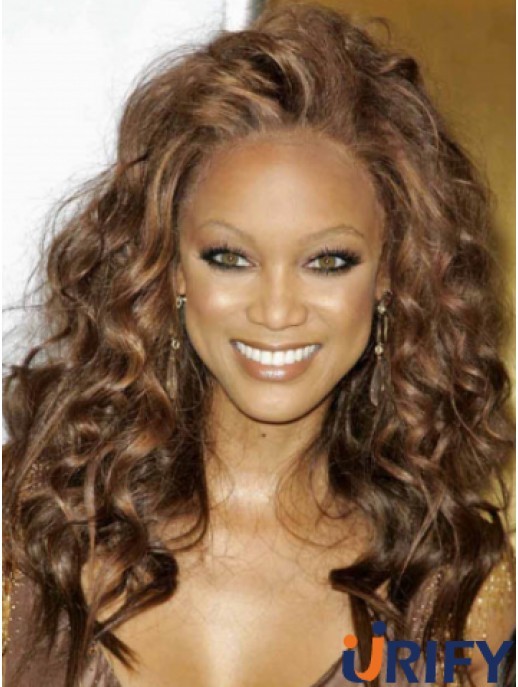 Brown Curly Without Pony 100% handgebundene 18 Zoll Flexibilität Tyra Banks Perücken