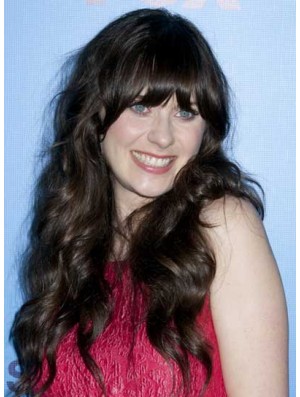 Ideal Black Long Curly 25 Zoll mit Pony Zooey Deschanel Perücken