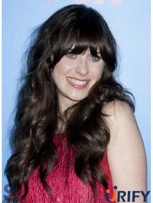 Ideal Black Long Curly 25 Zoll mit Pony Zooey Deschanel Perücken