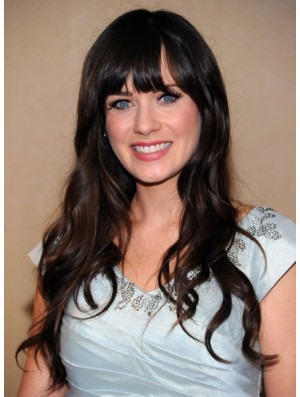 Modische schwarze lange gewellte 25 Zoll mit Pony Zooey Deschanel Perücken