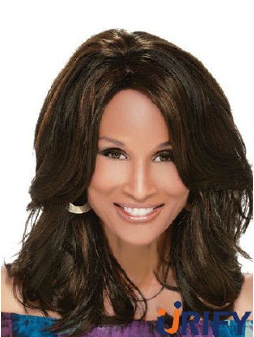 Schwarze schulterlange gewellte geschichtete volle Spitze 14 Zoll Beverly Johnson Perücken