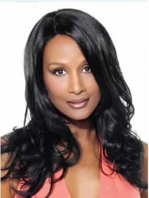 Schwarz lang gewellt ohne Pony Spitze vorne 18 Zoll Beverly Johnson Perücken