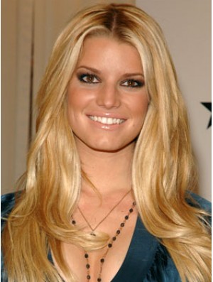 18 Zoll exquisite blonde lange gewellte geschichtete Jessica Simpson Perücken