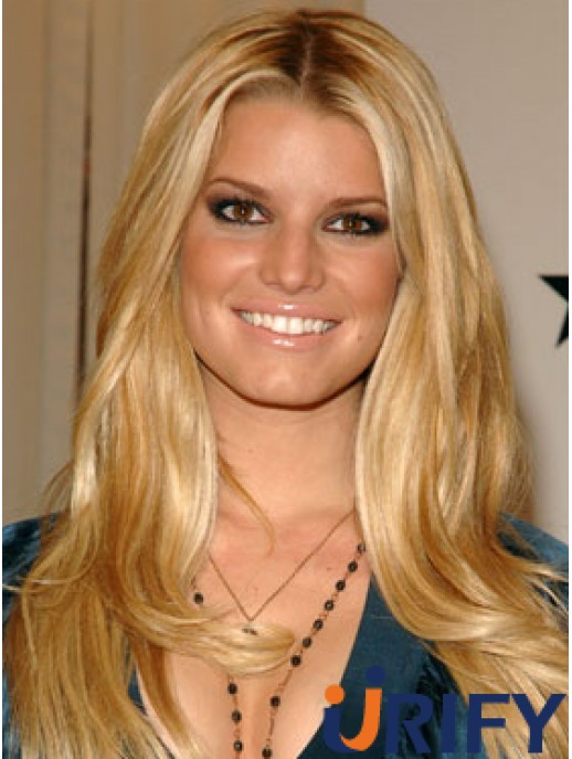 18 Zoll exquisite blonde lange gewellte geschichtete Jessica Simpson Perücken