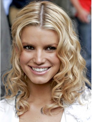 Wellenförmige Spitze vorne geschichtet schulterlang blond frech Jessica Simpson Perücken