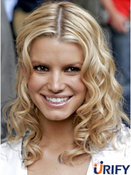 Wellenförmige Spitze vorne geschichtet schulterlang blond frech Jessica Simpson Perücken