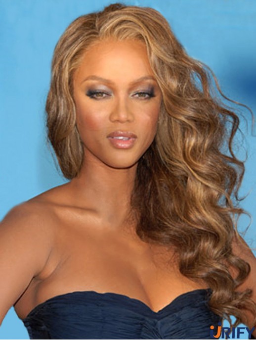 Braune lockige ohne Pony Spitze vorne 22 Zoll exquisite Tyra Banks Perücken
