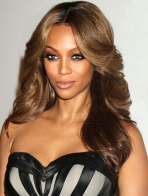Brown Wavy Layered 100% handgebundene 20  inchNo-Fuss Tyra Banks Perücken