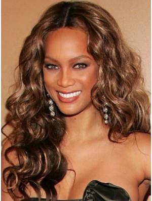 Braune lockige ohne Pony Spitze vorne 20  inchperfekte Tyra Banks Perücken