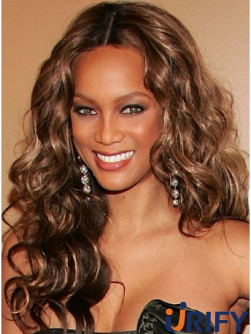 Braune lockige ohne Pony Spitze vorne 20  inchperfekte Tyra Banks Perücken