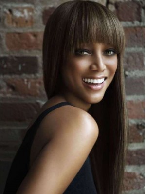 Brown Straight With Bangs Lace Front 24  inchGeeignete Tyra Banks Perücken
