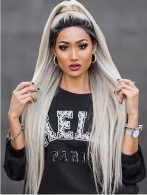 38  inchLace Front Long Synthetic Grey ohne Pony Perücken