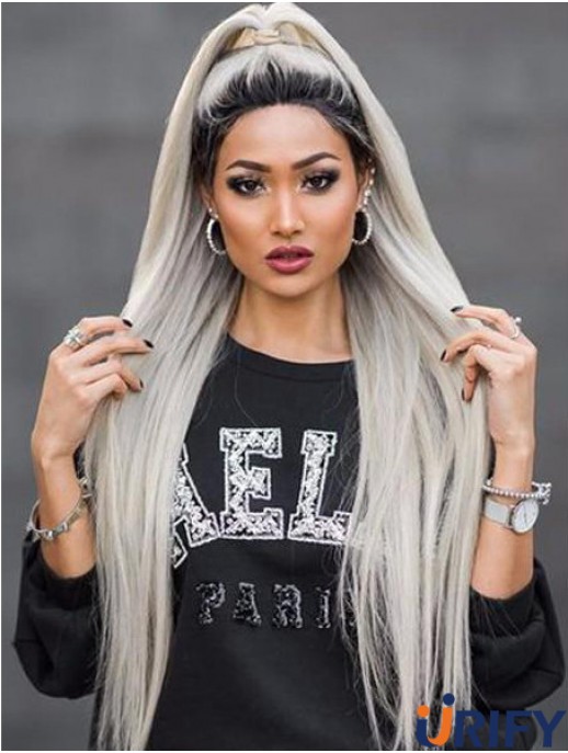 38  inchLace Front Long Synthetic Grey ohne Pony Perücken