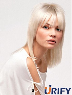 Spitze vorne mit Pony schulterlang gerade 14 Zoll platinblonde No-Fuss Fashion Perücken