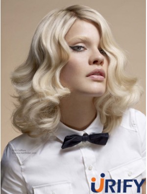 Volle Spitze ohne Pony Schulterlange gewellte 14  inchplatinblonde Top Fashion Perücken