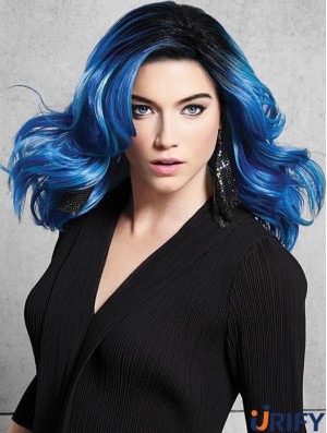 Schulterlange Great Blue Synthetic ohne Pony Lace Front Perücken