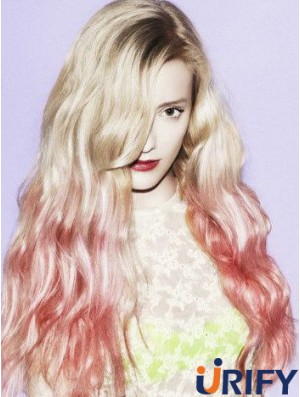 Günstige Ombre / 2 Tone Long Wavy mit Pony 26  inchHuman Lace Perücken