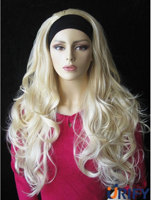 Lange gewellte blonde natürliche synthetische halbe Perücken