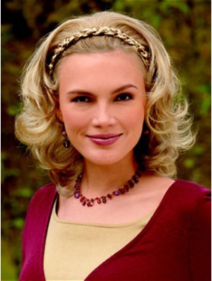 Schulterlange gewellte blonde blonde bequeme synthetische halbe Perücken