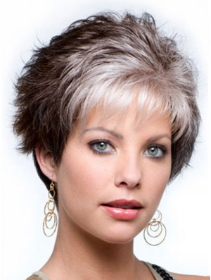 Capless Cropped Grey Wavy Synthetic Perücke für ältere Dame