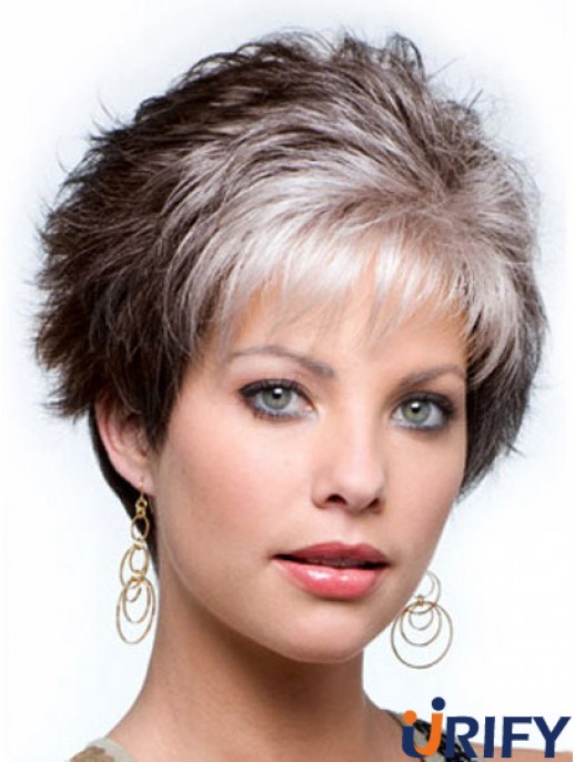 Capless Cropped Grey Wavy Synthetic Perücke für ältere Dame